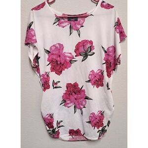 Discreet Floral Blouse Womens XL Pink White Ruched Hem Stretch Short Sleeve Top